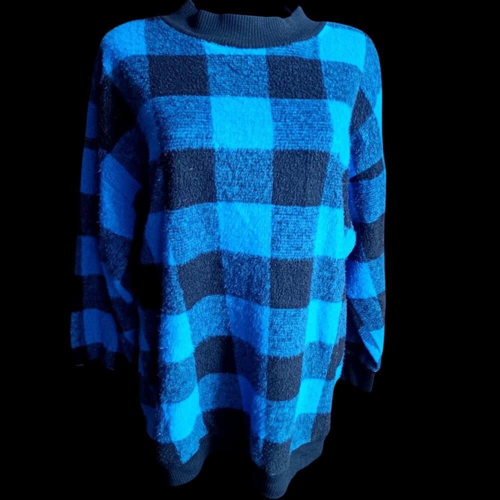 New Wave Sweater Medium Vintage 1980's K.K. Blue Black Plaid Acrylic Crewneck